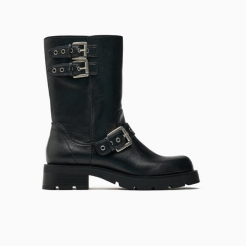 Zara Buckled Flat Biker Ankle Boot NWT